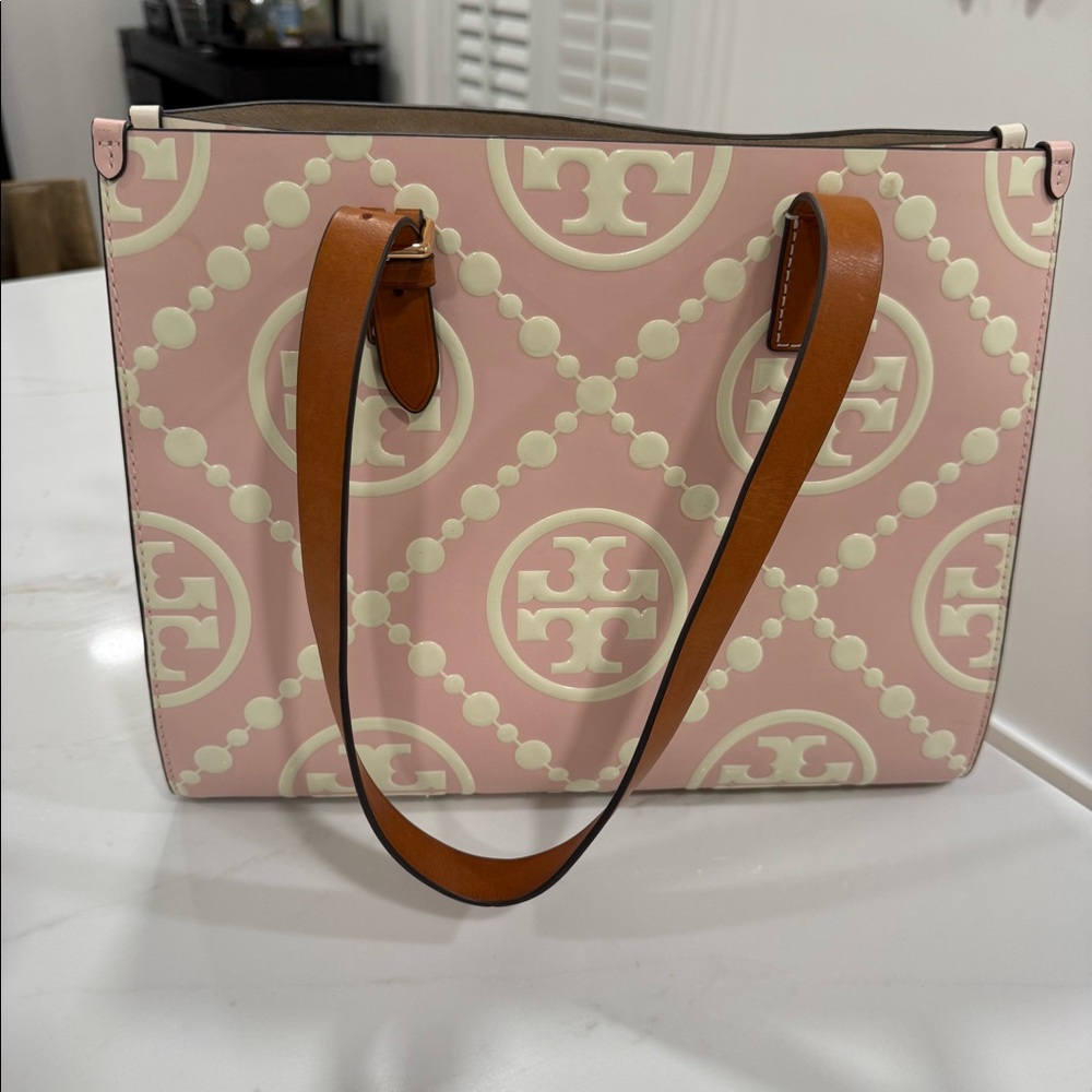Tory Burch T monogram contrast leather tote- blush
